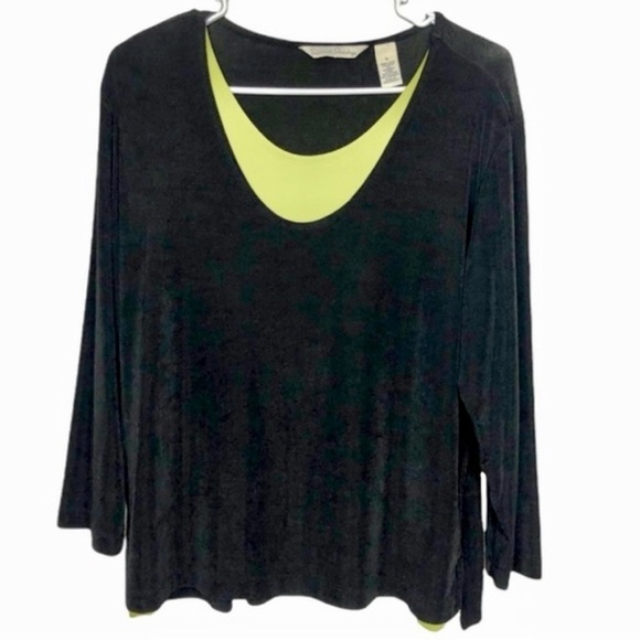 French Laundry jersey knit layered top lime green black. Size Large. - Picture 1 of 8